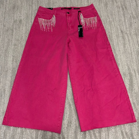 Lucky & Blessed Denim - NWT Lucky & Blessed Wide Leg Crop Fit Jeans Pink Rhinestone Boho Women’s Sz 18